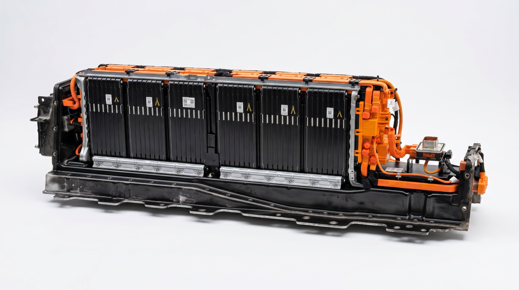 Remanufactured high-voltage EV battery pack, opened to show its modules