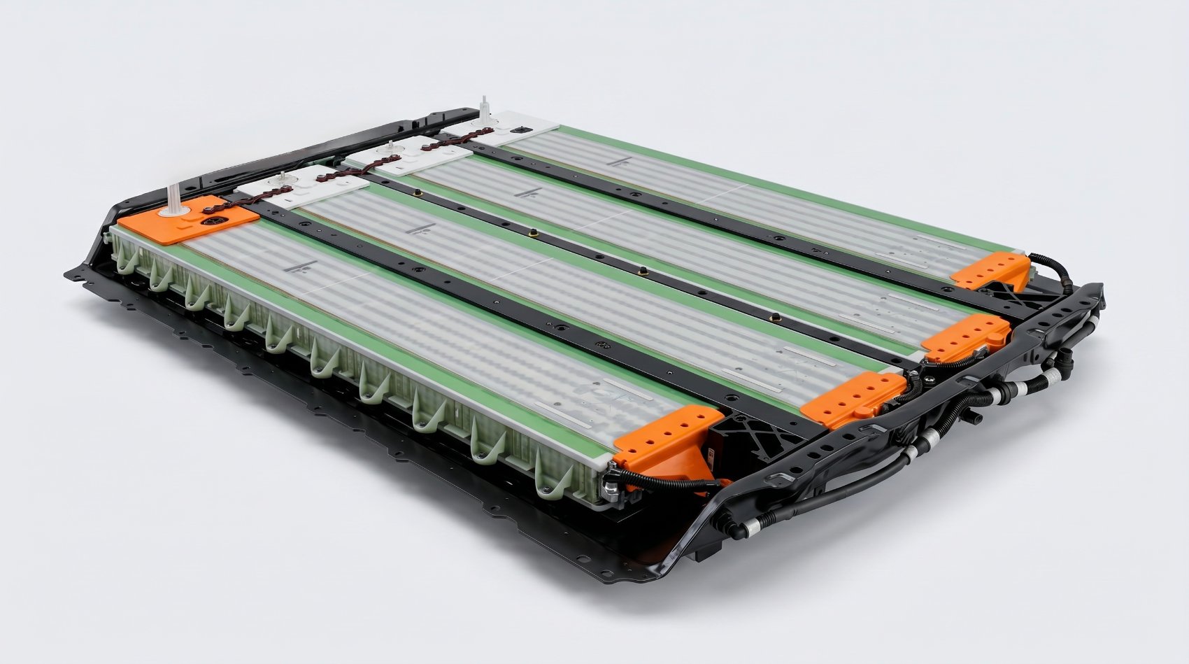 Tesla high-voltage battery pack, opened to show modules and components
